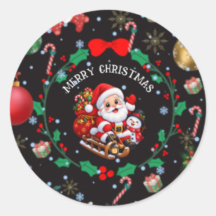 Pegatina Redonda Dulce Santa Claus y trineo de Navidad del muñeco d