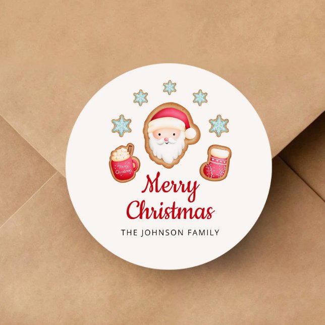 Pegatina Redonda Dulce Santa Feliz Navidad (Cute Santa Merry Christmas Classic Round Sticker)