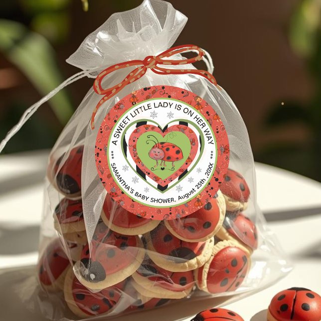 Pegatina Redonda Dulce Señorita Corazón Ladybug Baby Shower  (Sweet Little Lady Heart Ladybug Baby Shower Classic Round Sticker)