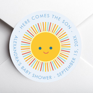 Pegatina Redonda Dulce Sol Aquí Viene el Hijo Azul Baby Niño Shower