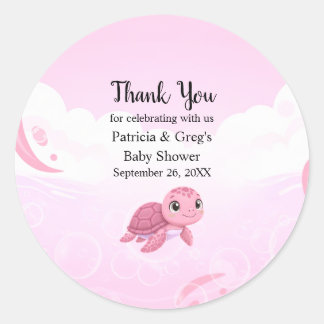 Pegatina Redonda Dulce Tortuga de Mar Rosa Niña Baby Shower