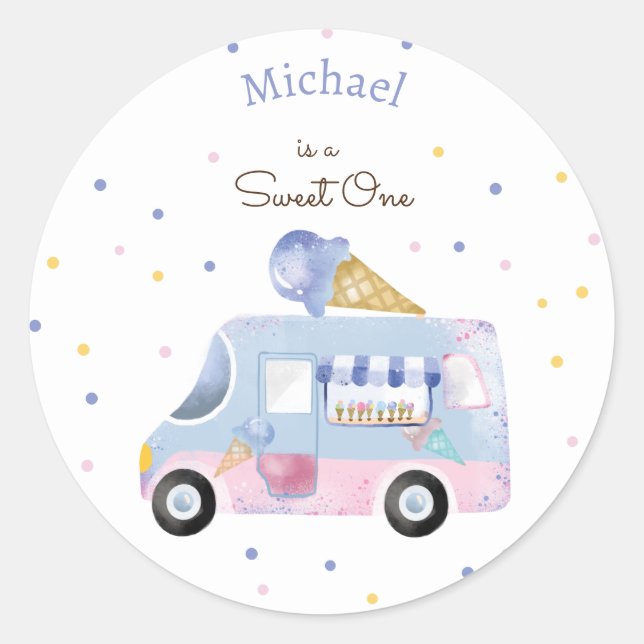 Pegatina Redonda Dulce Un helado de camión de primer cumpleaños (Anverso)