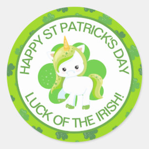 Pegatina Redonda Dulce Unicornio Irlandés Sonriente Verde Afortunad