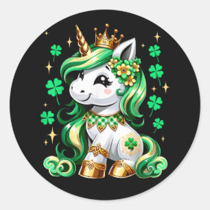 Pegatina Redonda Dulce Unicornio Trébol Día de San Patricio