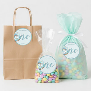 Pegatina Redonda Dulce Uno Donut Cumpleaños 1 Pastel Azul