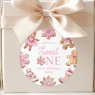 Pegatina Redonda Dulce Uno Pan de Jengibre Rosa Fiesta de Cumpleaño