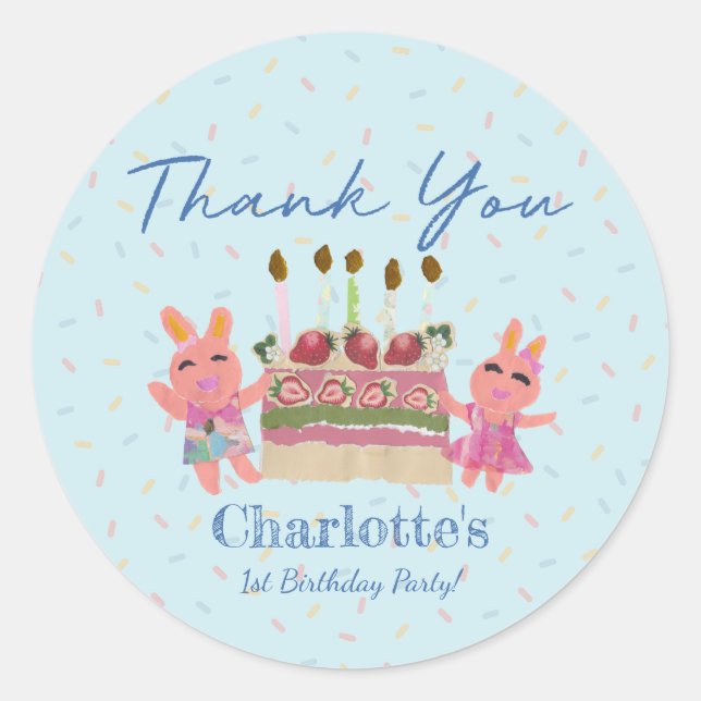 Pegatina Redonda Dulce y dulce conejo fiesta de cumpleaños azul gra (Anverso)