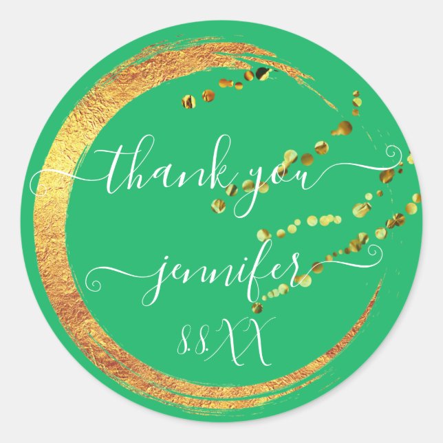 Pegatina Redonda Dulces 16 agradecimientos fecha nupcial verde dora (Anverso)
