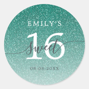 Pegatina Redonda Dulces 16 Brillo Verde Ombre Nombre Personalizado