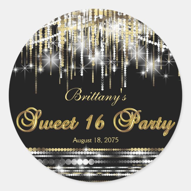 Pegatina Redonda Dulces 16 de Oro Negro (Anverso)