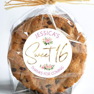 Pegatina Redonda Dulces 16 Rosado Floral Acuarela Script Oro