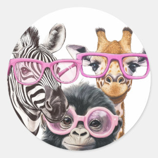 Pegatina Redonda Dulces Amigos Animales Sticker – Cebra Jirafa Mono