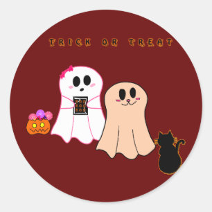 Pegatina Redonda Dulces Bebés Fantasmas Con Sticker de Gato Negro