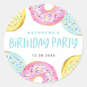 Pegatina Redonda Dulces Cumpleaños con Donas de Pastel Coloridas