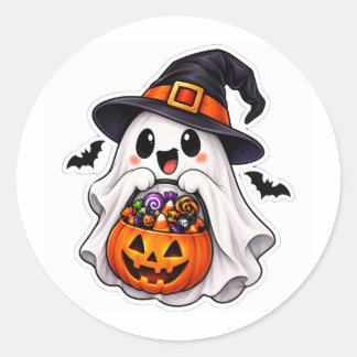 Pegatina Redonda Dulces de Halloween Fantasma Bruja Calabaza Lindos