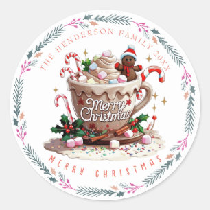 Pegatina Redonda Dulces de taza festiva de Navidad en acuarela
