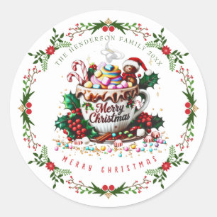 Pegatina Redonda Dulces de taza festiva de Navidad en acuarela