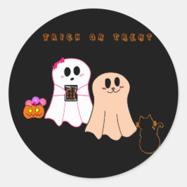 Pegatina Redonda Dulces Fantasmas Bebés Con Sticker De Gato Negro