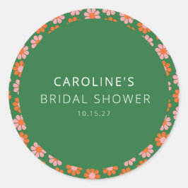 Pegatina Redonda Dulces Flores Retro Rosadas Verdes Ducha de Novia 