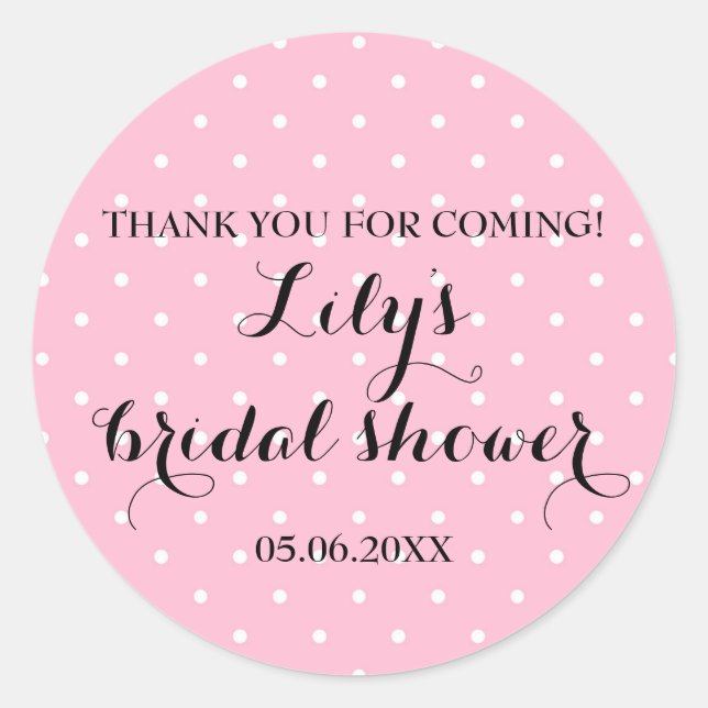 Pegatina Redonda Dulces gracias a la ducha de novia con puntos rosa (Anverso)