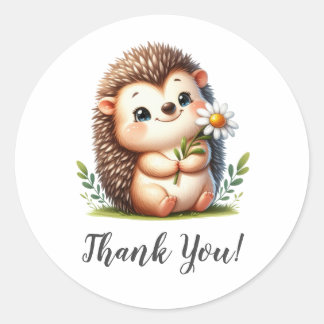 Pegatina Redonda Dulces Hedgehog Holding Flores Gracias