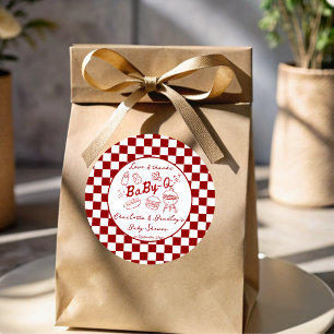Pegatina Redonda Dulces q barbacoa rojas casillas baby shower