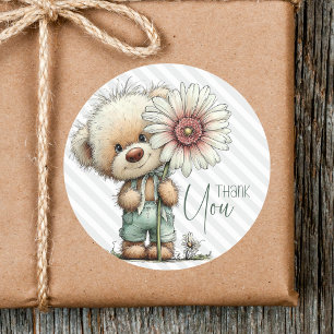 Pegatina Redonda Dulces Rayas Grises Teddy Gran Daisy Baby Shower
