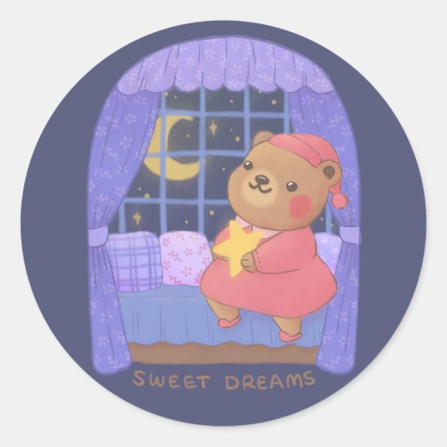 Pegatina Redonda Dulces Sueños: Ilustración de Oso de Peluche (Anverso)