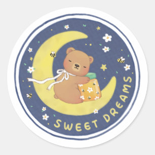 Pegatina Redonda Dulces sueños: Oso de peluche y Ilustracion de mie