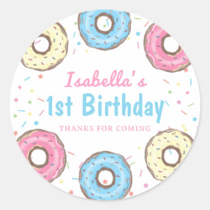 Pegatina Redonda Dulces, una rociada, donut primer cumpleaños graci