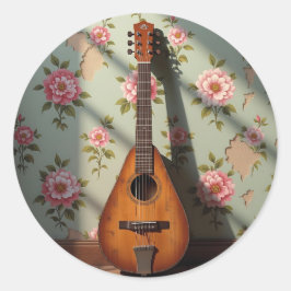 Pegatina Redonda Dulcimer de seis cuerdas vintage floral