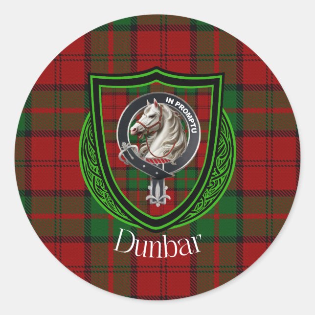 Pegatina Redonda Dunbar Scottish Clan Tartán y Escudo (Anverso)