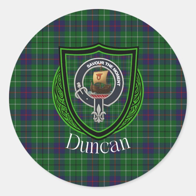Pegatina Redonda Duncan Scottish Clan Tartan & Crest (Anverso)