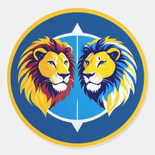 Pegatina Redonda Dúo de leones vibrantes emblema dentro del círculo