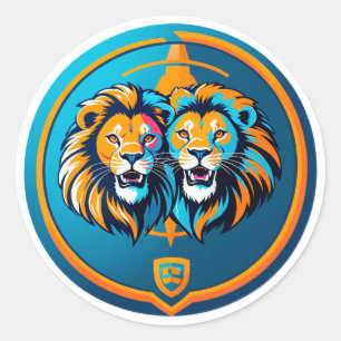 Pegatina Redonda Dúo de leones vibrantes emblema dentro del círculo