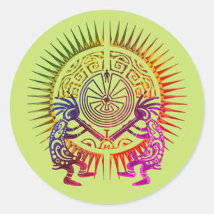 Pegatina Redonda Dúo Kokopelli - Hombre en el laberinto - Sol 1a