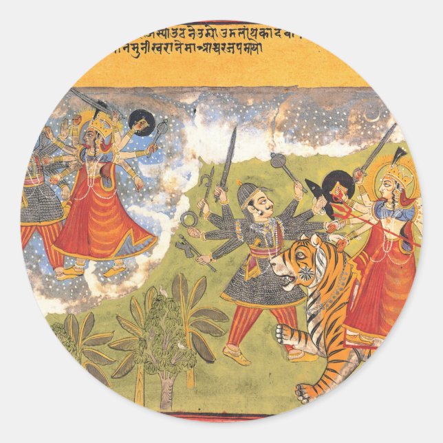 Pegatina Redonda Durga lucha contra Daitya Raja (Anverso)