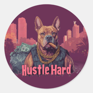 Pegatina Redonda Duro rival - Perro Pitbull con dinero y cigarro