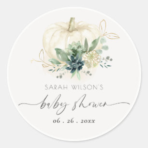 Pegatina Redonda Dusky Blue  Verde Suculento Calabaza Baby Shower