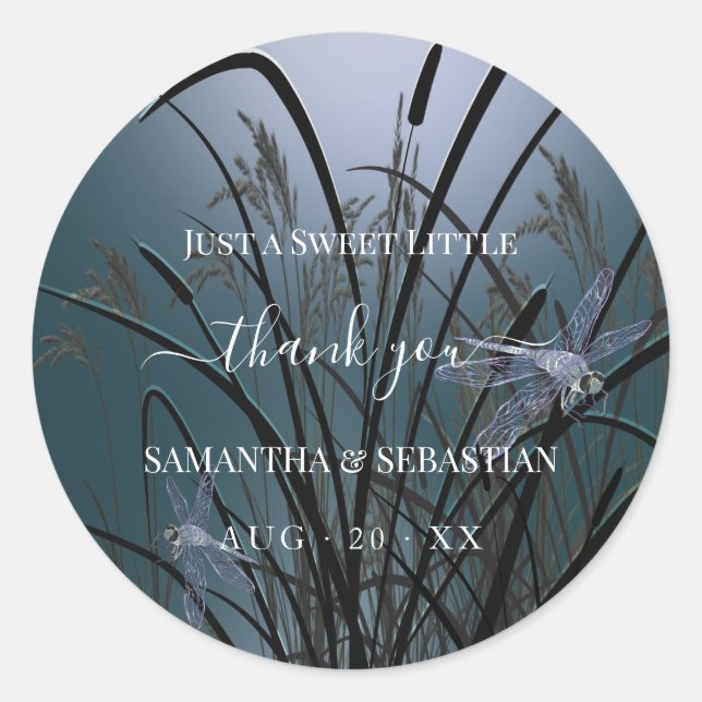 Pegatina Redonda Dustas libélulas Verde azuladas gracias (Anverso)