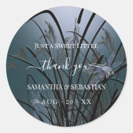 Pegatina Redonda Dustas libélulas Verde azuladas gracias