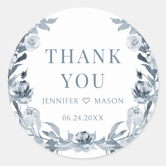 Pegatina Redonda Duste azul gris floral boda de boho (Anverso)