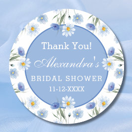 Pegatina Redonda Duste Blue Floral Boho Bridal Shower Gracias