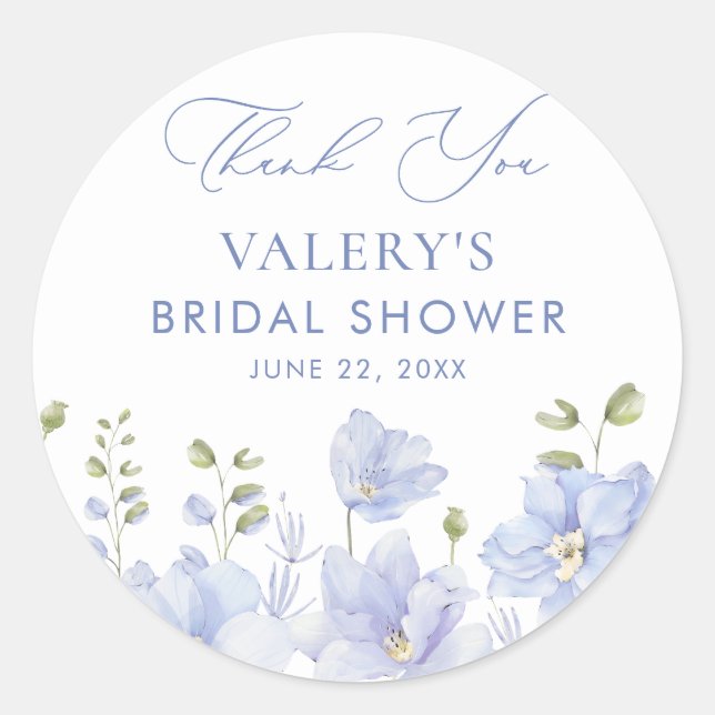 Pegatina Redonda Duste Blue Floral Bridal Shower (Anverso)