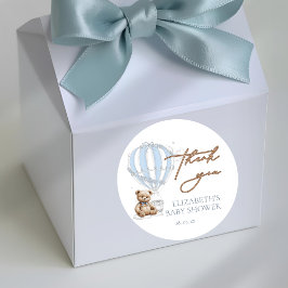 Pegatina Redonda Duste Blue Toile Hot Air Balloon Bear Gracias