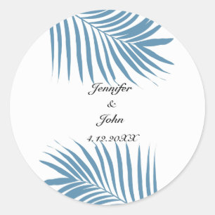 Pegatina Redonda Duste Blue Tropical Palm Tree Leaves Nombre Boda