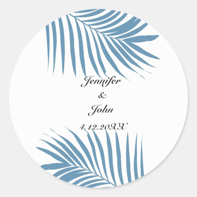Pegatina Redonda Duste Blue Tropical Palm Tree Leaves Nombre Boda (Anverso)