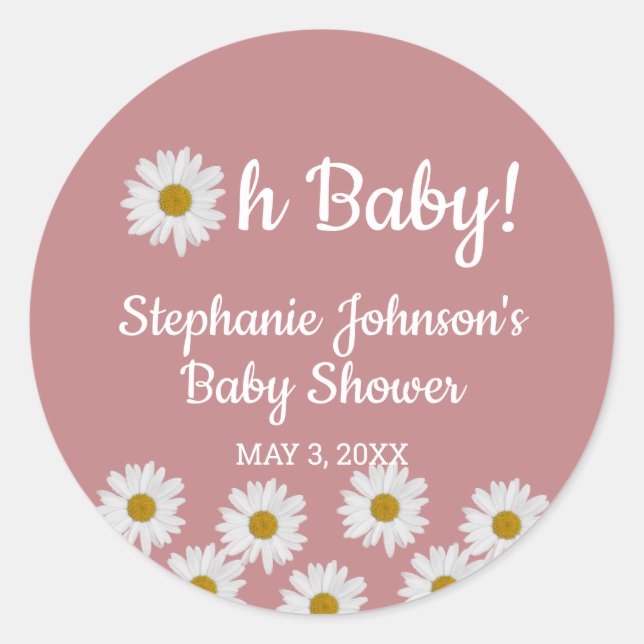 Pegatina Redonda Duste Rosa Bohemian Daisies Oh Baby Baby Shower (Anverso)