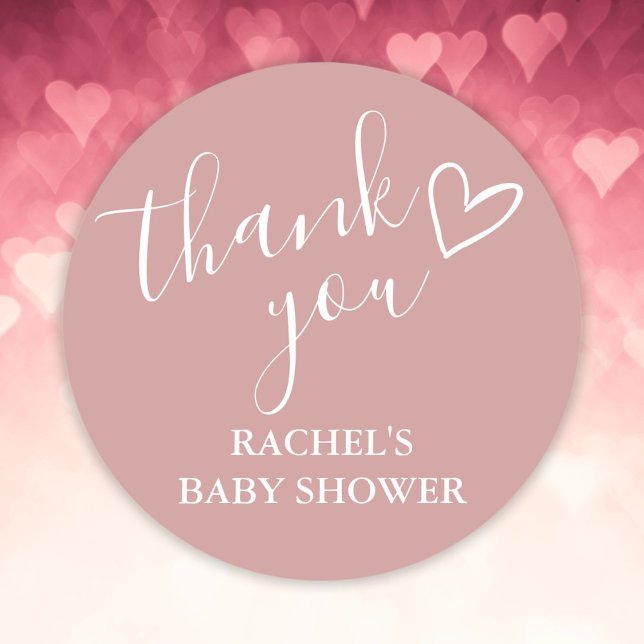 Pegatina Redonda Duste Rosa Chica Baby Shower Script Heart Gracias (Dusty Rose Girl Baby Shower Script Heart Thank You Classic Round Sticker)