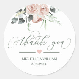 Pegatina Redonda Duste Rosa Greenery Floral Boda Gracias
